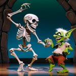 Skeleton dancing with a goblin