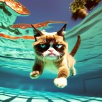 Grumpy cat swimming