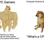 bruh I got a 9th grade book with a section DEDICATED to “binary numbers" | PC Gamers; Computer Science teachers; “Teaches you about literally the whole system including the physics behind them"; “What’s a CPU?!" | image tagged in memes,buff doge vs cheems,funny,animals,relatable,games | made w/ Imgflip meme maker