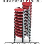 throne of a f*cking god | EVEN SITTING IN THE TEACHER'S CHAIR; COULDN'T COMPARE TO SITTING UP ON THAT THRONE | image tagged in stack of chairs,childhood,relatable,memes,chair,why are you reading the tags | made w/ Imgflip meme maker