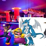 Wario and Waluigi dies by getting into a fight with Exveemon and Stingmon in a Night club | image tagged in night club background,crossover,digimon,wario dies,waluigi | made w/ Imgflip meme maker