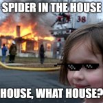 When u see a spider | SPIDER IN THE HOUSE; HOUSE, WHAT HOUSE? | image tagged in memes,disaster girl | made w/ Imgflip meme maker