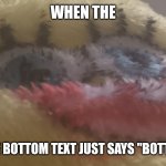 New meme template | WHEN THE; WHEN THE BOTTOM TEXT JUST SAYS "BOTTOM TEXT" | image tagged in spongebob blanket blursed face | made w/ Imgflip meme maker