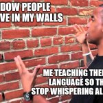 Teaching shadow people | SHADOW PEOPLE THAT LIVE IN MY WALLS; ME TEACHING THEM SIGN LANGUAGE SO THEY'LL STOP WHISPERING ALL THE TIME | image tagged in talking to wall | made w/ Imgflip meme maker