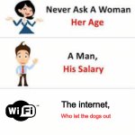 WHO WHO WHO WHO | The internet, Who let the dogs out | image tagged in never ask a woman her age | made w/ Imgflip meme maker