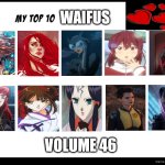 top 10 waifus volume 46 | WAIFUS; VOLUME 46 | image tagged in top 10 waifus,marvel,dc comics,anime,comics/cartoons,ladies | made w/ Imgflip meme maker