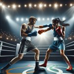 male boxers punches female boxer in face in Olympic boxing ring