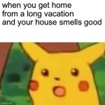 Surprised Pikachu | when you get home from a long vacation and your house smells good | image tagged in memes,surprised pikachu | made w/ Imgflip meme maker