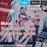 LISTEN TO SEVISH ITS SO GOOD | Zero Nothings - Sevish; Braincell #3 has
joined the game | image tagged in penguinz0 announcement template again | made w/ Imgflip meme maker