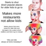 Clown Applying Makeup | Starts to shut down popular places for older kids to go to; Makes more restaurants not allow kids; Makes places that were meant for older kids and teenagers into a place where toddlers and kids to go to instead; ¨Why are kids always at home nowadays?¨ | image tagged in memes,clown applying makeup | made w/ Imgflip meme maker