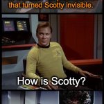 Invisible Scotty | I've scanned the phenomenon that turned Scotty invisible. How is Scotty? He's with Dr. McCoy, waiting to be seen. | image tagged in star trek 3-panel spock kirk spock | made w/ Imgflip meme maker