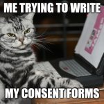 Consent Forms | ME TRYING TO WRITE; MY CONSENT FORMS | image tagged in annoyed designer cat,phd,grad school,irb,research | made w/ Imgflip meme maker