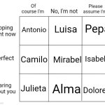 Alignment chart | Luisa; Pepa; Antonio; Isabela; Mirabel; Camilo; Alma; Julieta; Dolores | image tagged in alignment chart,encanto,pepa madrigal,la familia madrigal,the family madrigal,the madrigals | made w/ Imgflip meme maker