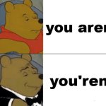 Tuxedo Winnie The Pooh | you aren't; you'ren't | image tagged in memes,tuxedo winnie the pooh | made w/ Imgflip meme maker