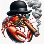 Lobster with a bowler hat that's smoking a cigar