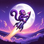 a purple monkey on a purple rocket heading to the moon