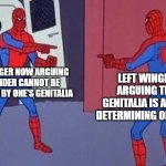 2 wings 1 bird | RIGHT WINGER NOW ARGUING THAT GENDER CANNOT BE DETERMINED BY ONE'S GENITALIA; LEFT WINGER NOW ARGUING THAT THE GENITALIA IS A FACTOR IN DETERMINING ONE'S GENDER | image tagged in spiderman pointing at spiderman | made w/ Imgflip meme maker