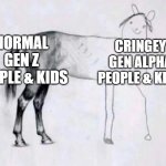 We know that Gen Alpha has the worst generation ever | NORMAL GEN Z PEOPLE & KIDS; CRINGEY GEN ALPHA PEOPLE & KIDS | image tagged in horse drawing,gen alpha,gen z | made w/ Imgflip meme maker