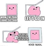 NONONONONO | WOW THE POOL LOOKS SO COOL; LET’S GO IN; THE SMELL OF CHLORINE THAT IS ON YOUR HAND ONCE YOU GET OUT | image tagged in never again | made w/ Imgflip meme maker