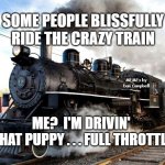 Train | SOME PEOPLE BLISSFULLY RIDE THE CRAZY TRAIN; MEMEs by Dan Campbell; ME?  I'M DRIVIN' 
THAT PUPPY . . . FULL THROTTLE | image tagged in train | made w/ Imgflip meme maker