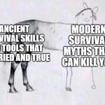 Never trust Hollywood survival. | MODERN SURVIVAL MYTHS THAT CAN KILL YOU; ANCIENT SURVIVAL SKILLS AND TOOLS THAT ARE TRIED AND TRUE | image tagged in horse drawing | made w/ Imgflip meme maker