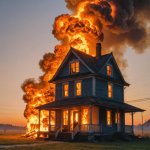 Beutiful sunset burning house