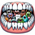 Cartoon monsters in a tooth