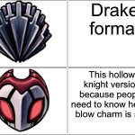 Hollow knight version of the drake format because heavy blow is shitty | Drake format; This hollow knight version because people need to know heavy blow charm is shit | image tagged in memes,blank comic panel 2x2,drake hotline bling | made w/ Imgflip meme maker