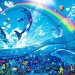 dolphin jumping with rainbow