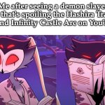 Avoid spoilers at all cost | Me after seeing a demon slayer video that's spoiling the Hashira Training Arc and Infinity Castle Arc on YouTube: | image tagged in stolas don'tcare,no spoilers,shhhh,nope nope nope,not today | made w/ Imgflip meme maker