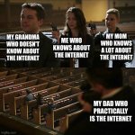 the internet | MY GRANDMA WHO DOESN'T KNOW ABOUT THE INTERNET; MY MOM WHO KNOWS A LOT ABOUT THE INTERNET; ME WHO KNOWS ABOUT THE INTERNET; MY DAD WHO PRACTICALLY IS THE INTERNET | image tagged in assassination chain | made w/ Imgflip meme maker