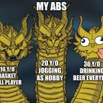 Three-headed Dragon | MY ABS; 20 Y/O JOGGING AS HOBBY; 30 Y/O DRINKING BEER EVERYDAY; 16 Y/O BASKET BALL PLAYER | image tagged in three-headed dragon | made w/ Imgflip meme maker