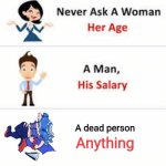 Lil morbid but so what? Lol | A dead person; Anything | image tagged in never ask a woman her age | made w/ Imgflip meme maker