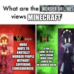 Murder Drones' views | MINECRAFT; MORE WAYS TO BRUTALLY MURDER PEOPLE WITHOUT SUFFERING CONSEQUENCES; A FUN GAME TO PLAY WITH FRIEND WHEN YOUR BORED OR ON SUMMER BREAK | image tagged in murder drones' views | made w/ Imgflip meme maker