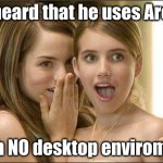 Girls gossiping | I heard that he uses Arch; with NO desktop enviroment | image tagged in girls gossiping,linux,programmer | made w/ Imgflip meme maker