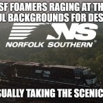 Norfolk Southern Background | BNSF FOAMERS RAGING AT THIER AWFUL BACKGROUNDS FOR DESKTOP; NS CASUALLY TAKING THE SCENIC ROUTE | image tagged in norfolk southern background | made w/ Imgflip meme maker