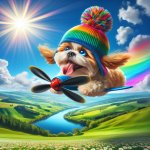 a dog flying with a propeller hat