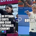 korea turkey olympic shooter | 100 DAYS OF PYTHON
AWS CERTS
HARVARD CS50
YOUTUBE TUTORIALS
CODECADEMY; BUILDS SHIT | image tagged in korea turkey olympic shooter | made w/ Imgflip meme maker