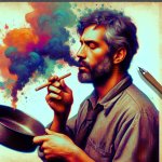 smoking man holding a pan