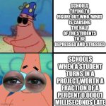 School | SCHOOLS TRYING TO FIGURE OUT WHO/WHAT IS CAUSING THE HALF OF THE STUDENTS TO BE DEPRESSED AND STRESSED; SCHOOLS WHEN A STUDENT TURNS IN A PROJECT WORTH A FRACTION OF A PERCENT 0.00001 MILLISECONDS LATE | image tagged in patrick star blind | made w/ Imgflip meme maker