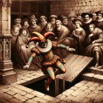 court jester falling through trap door