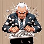 white-haired balding old politican smashing a computer keyboard