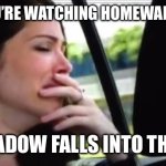 Crying Catherine | WHEN YOU’RE WATCHING HOMEWARD BOUND; AND SHADOW FALLS INTO THAT HOLE | image tagged in crying catherine,sad,dogs,tears,childhood | made w/ Imgflip meme maker