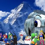 Wario and Friends dies by a Weegee-Faced Rocky while exploring at the mountains | image tagged in mountain landscape,crossover,wario dies | made w/ Imgflip meme maker