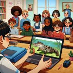 A boy shows a small crocodile to an international class in zoom