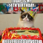 it's optional | TODAY IS MY 14TH BIRTHDAY; FEEL FREE TO UPVOTE | image tagged in memes,grumpy cat birthday,grumpy cat | made w/ Imgflip meme maker