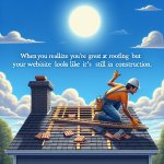 A picture of a roofer working hard on a roof with the caption, "