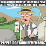 there were more active users back then | REMEMBER WHEN EVERYONE WOULD POST ALL TYPES OF MEMES ON THE FUN STREAM; PEPPERIDGE FARM REMEMBERS | image tagged in memes,pepperidge farm remembers,imgflip | made w/ Imgflip meme maker