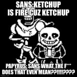 Sans and papyrus | SANS:KETCHUP IS FIRE CUZ KETCHUP; PAPYRUS: SANS WHAT THE F*** DOES THAT EVEN MEAN??!!!!???? | image tagged in sans and papyrus | made w/ Imgflip meme maker