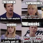 high school sleep be like | FRESHMEN; SOPHOMORES; You get 9 hours of sleep while I only get 8! Guys, I can explain; JUNIORS; SENIORS; You guys are getting sleep? 8 hours? I only get 6! | image tagged in you guys are getting paid template | made w/ Imgflip meme maker